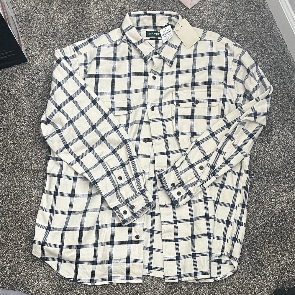 Orvis Men's Navy and Cream Checkered Shirt